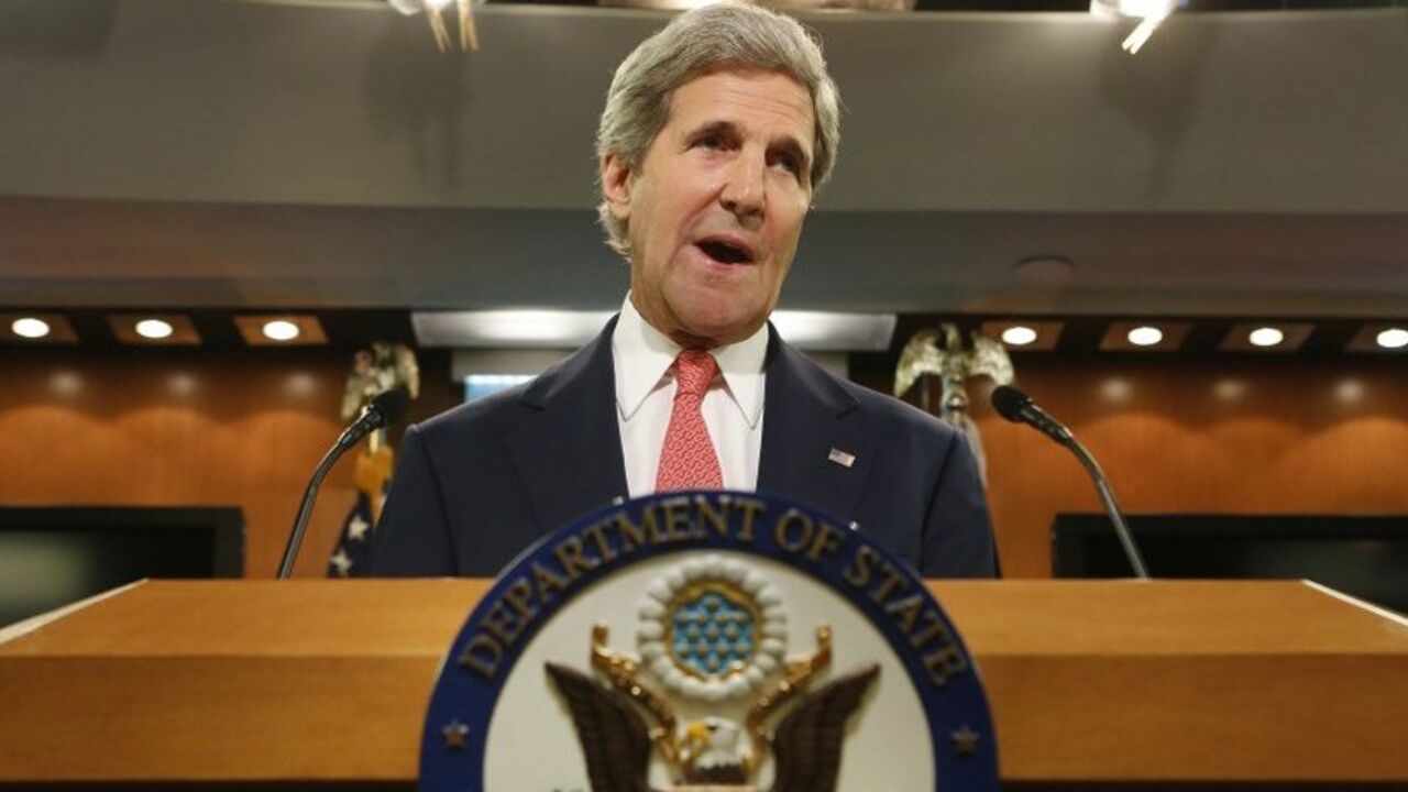 U.S. Secretary of State John Kerry delivers a statement on Ukraine from the State Department press briefing room in Washington U.S. Secretary of State John Kerry delivers a statement on Ukraine from the State Department press briefing room in Washington April 24, 2014. REUTERS/Yuri Gripas (UNITED STATES - Tags: POLITICS) - RTR3MJGY