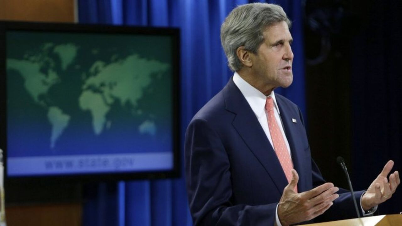 United States Secretary of State John Kerry addresses the media on the Syrian situation in Washington United States Secretary of State John Kerry addresses the media on the Syrian situation in Washington August 26, 2013. U.N. investigators took blood samples today from victims of an apparent poison gas attack that occurred on Wednesday in a rebel-held suburb of Damascus. Kerry on Monday, in a forceful statement, said all nations must stand up for accountability on the use of chemical weapons in Syria. REUTERS/Gary Cameron (UNITED STATES - Tags: POLITICS) - RTX12XCZ