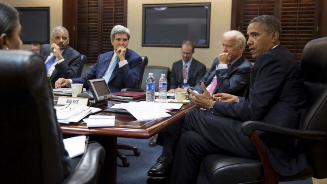 Handout of U.S. President Obama meeting with national security staff to discuss Syria in White House U.S. President Barack Obama (R) meets with his national security staff to discuss the situation in Syria in the Situation Room of the White House in Washington, in this photo taken August 30, 2013, courtesy of the White House. Others in the picture include (from L-R) National Security Advisor Susan Rice, Attorney General Eric Holder, Secretary of State John Kerry and Vice President Joe Biden. Obama's top advisers were to make their case for limited military strikes against Syria to the full Senate on Saturd