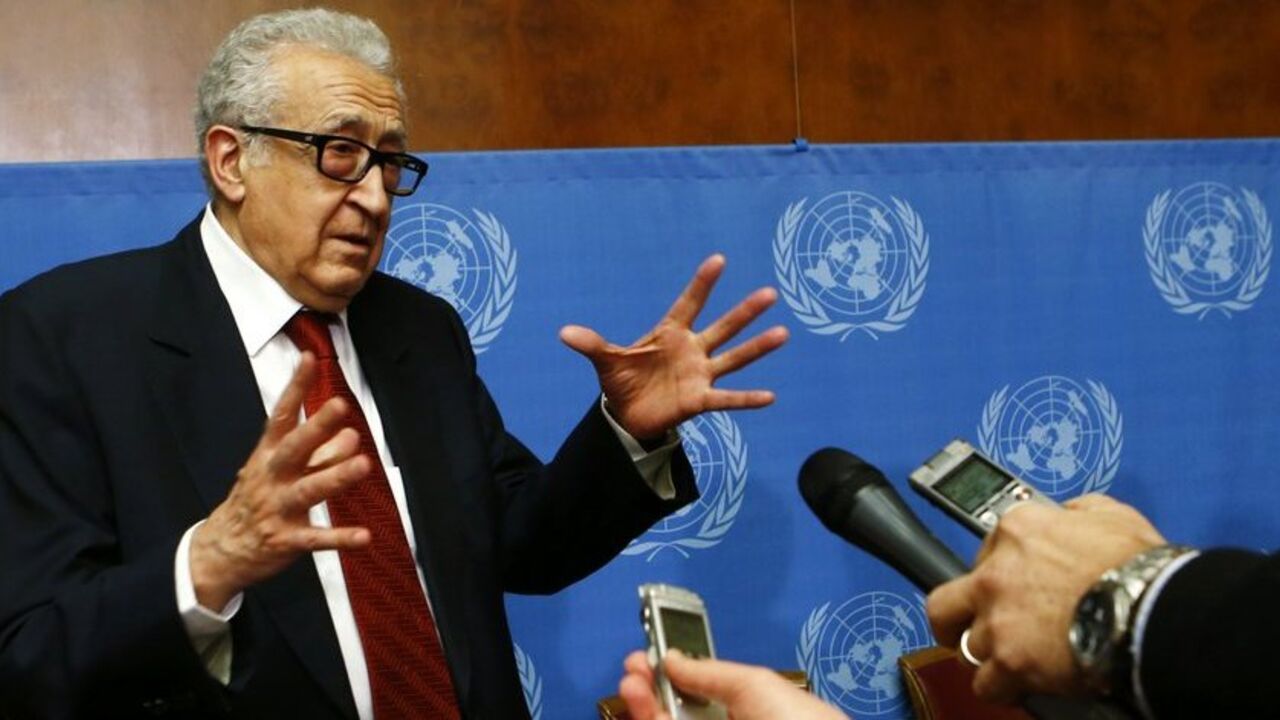Arab League-United Nations envoy Brahimi gestures while answering journalists' questions at the end of a news conference after a meeting on Syria at the United Nations European headquarters in Geneva Arab League-United Nations envoy Lakhdar Brahimi gestures while answering journalists' questions at the end of a news conference after a meeting on Syria at the United Nations European headquarters in Geneva December 20, 2013. REUTERS/Denis Balibouse (SWITZERLAND - Tags: POLITICS) - RTX16PPL