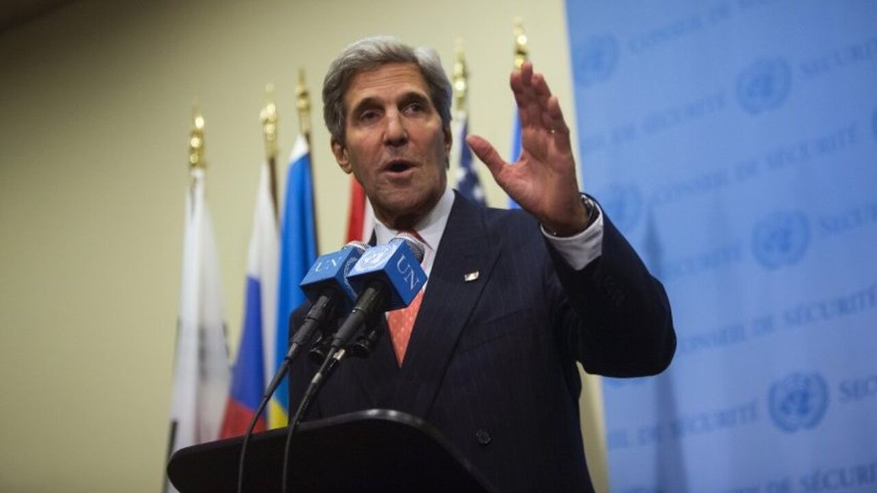 U.S. Secretary of State John Kerry speaks to the media after a meeting in New York U.S. Secretary of State John Kerry speaks to the media after a meeting of the foreign ministers representing the permanent five member countries of the United Nations Security Council, including Germany, at the U.N. Headquarters in New York September 26, 2013. U.S. and Iranian officials emerged upbeat on Thursday from a meeting on Iran's nuclear program but both sides also sounded a cautionary note, with the United States saying there was more work to do and Iran insisting on quick sanctions relief. REUTERS