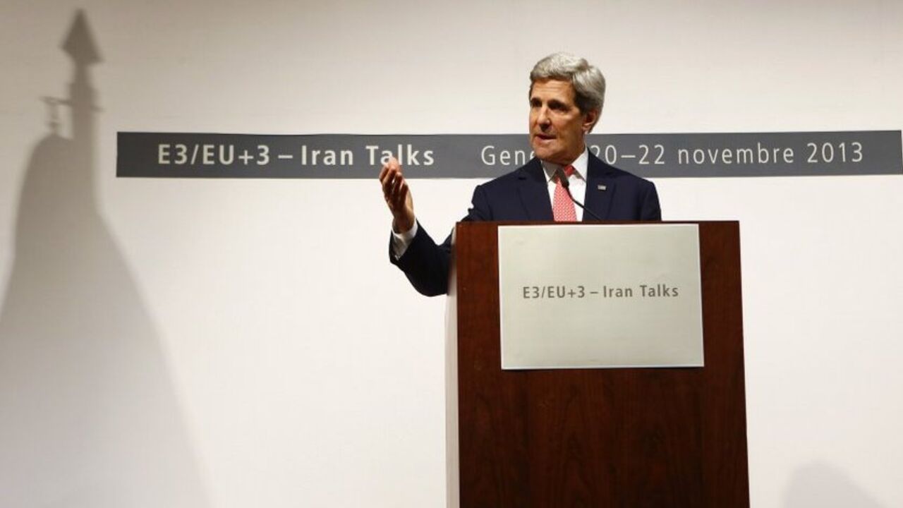 U.S. Secretary of State Kerry speaks during a news conference following the E3/EU+3-Iran talks in Geneva U.S. Secretary of State John Kerry speaks to media during a news conference following the E3/EU+3-Iran talks in Geneva November 24, 2013. An agreement between Iran and major powers would make it harder for Iran to make a dash to build a nuclear weapon and would make Israel and other U.S. allies safer, Kerry said on Sunday. REUTERS/Ruben Sprich (SWITZERLAND - Tags: POLITICS ENERGY) - RTX15QNZ
