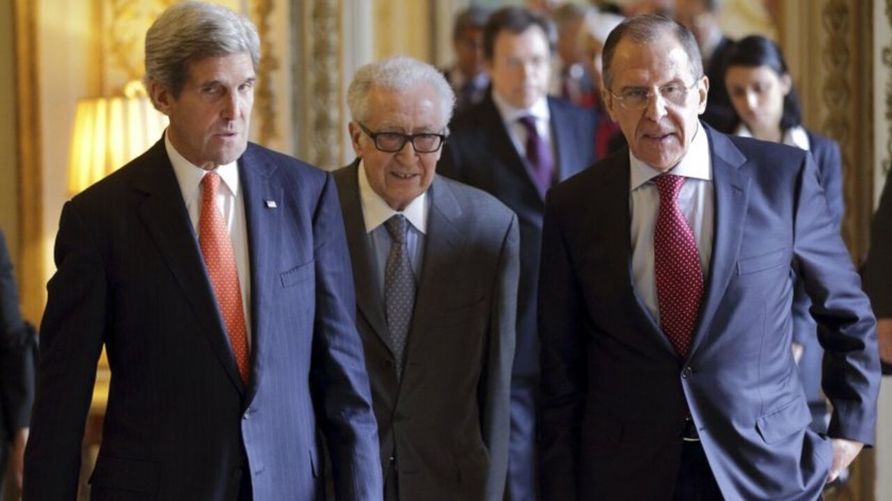 US Secretary of State Kerry, UN-Arab League envoy for Syria, Brahimi and Russia's Foreign Minister Lavrov arrive at a news conference in Paris U.S. Secretary of State John Kerry (L), U.N.-Arab League envoy for Syria Lakhdar Brahimi (C) and Russia's Foreign Minister Sergei Lavrov (R) arrive at a news conference at the U.S. ambassador's residence in Paris, January 13, 2014. Kerry said on Monday he and Russian counterpart Sergei Lavrov discussed the possibility of organising ceasefires in parts of Syria and also a readiness by Bashar al- Assad to open humanitarian access corridors. REUTERS/Philippe Wojazer (FRANCE - Tags: POLITICS) - RTX17CBL