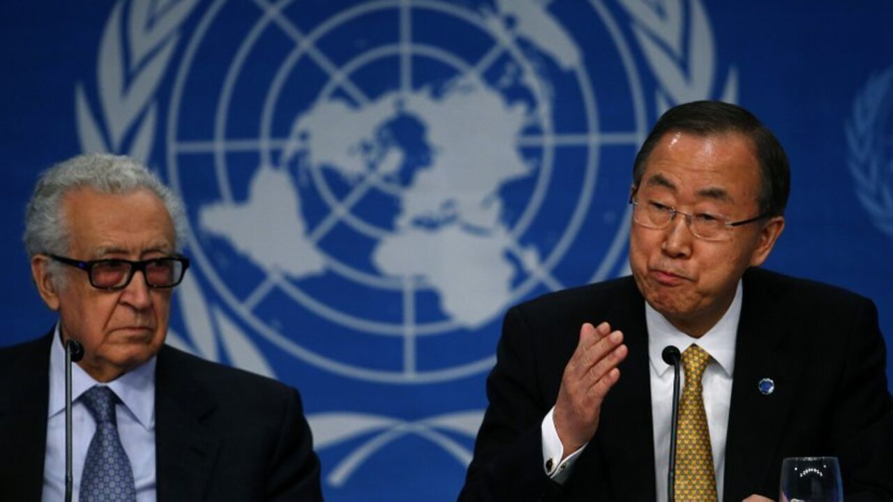 U.N. Secretary-General Ban Ki-moon sits beside U.N.-Arab League envoy for Syria Lakhdar Brahimi as he addresses a news conference after the Geneva-2 peace talks in Montreux U.N. Secretary-General Ban Ki-moon sits beside U.N.-Arab League envoy for Syria Lakhdar Brahimi (L) as he addresses a news conference after the Geneva-2 peace talks in Montreux January 22, 2014. An international conference on Syria ended on Wednesday, with Ban calling on both Syrian delegations to work sincerely for a solution to the nearly three-year-old conflict. REUTERS/Arnd Wiegmann (SWITZERLAND - Tags: CIVIL UNREST POLITICS CONFLICT) - RTX17Q2W