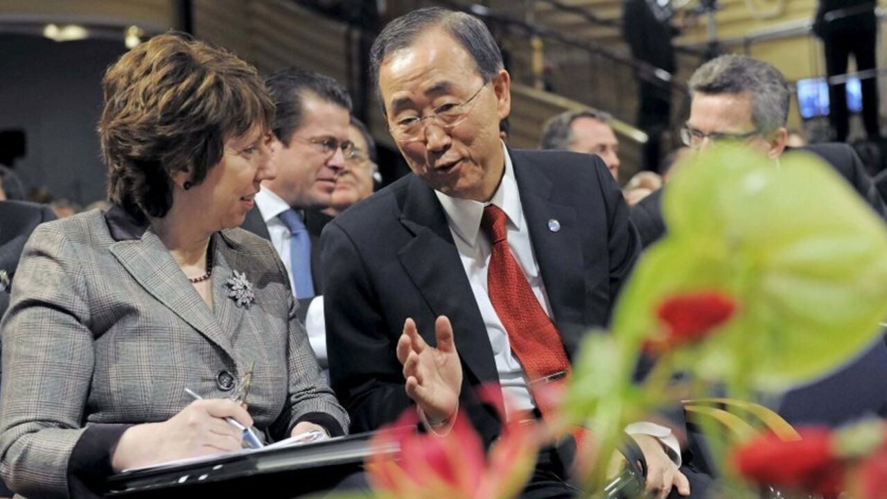 European Union's foreign policy chief Ashton talks with U.N. Secretary-General Ban Ki-moon on the sidelines at the 47th International Conference on Security Policy in the hotel 'Bayerischer Hof' in Munich European Union's foreign policy chief Catherine Ashton talks with U.N. Secretary-General Ban Ki-moon on the sidelines at the 47th International Conference on Security Policy in the hotel 'Bayerischer Hof' in Munich, February 5, 2011. REUTERS/Jens Meyer/Pool (GERMANY - Tags: POLITICS MILITARY) - RTXXHKZ