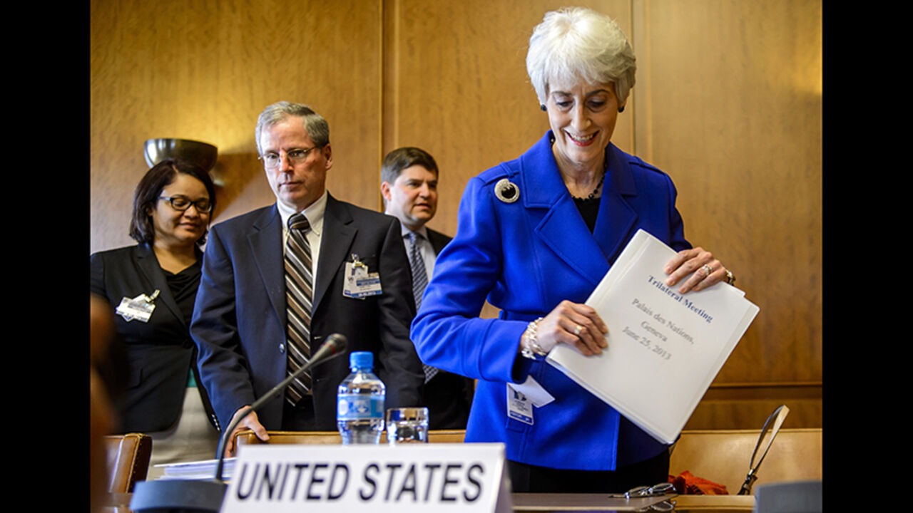 US. Under Secretary of State for Political Affairs Sherman arrives with US ambassador to Syria Ford for a meeting at UN in Geneva US. Under Secretary of State for Political Affairs Wendy Sherman (R) arrives with U.S. ambassador to Syria Robert Ford (2nd L) for a meeting on Syria at the United Nations European headquarters in Geneva June 25, 2013. REUTERS/Fabrice Coffrini (SWITZERLAND - Tags: POLITICS) - RTX110CI