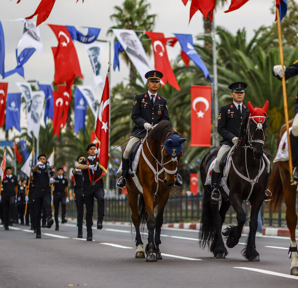 Turkish soldiers march, including some on horses, during a military parade marking the 102nd anniversary of the Victory Day at Vatan Street in Istanbul on Aug. 30, 2024. 