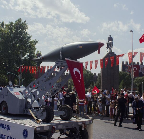 A missile system is displayed during Victory Day celebrations in Kayseri, Turkey, on Aug. 30, 2025. 