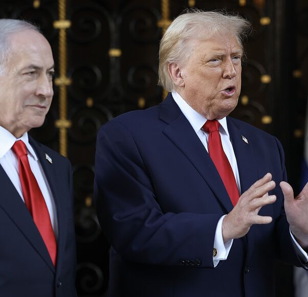 US President Donald Trump welcomes Israeli Prime Minister Benjamin Netanyahu to his Mar-a-Lago club on Dec. 29, 2025, in Palm Beach, Florida. 