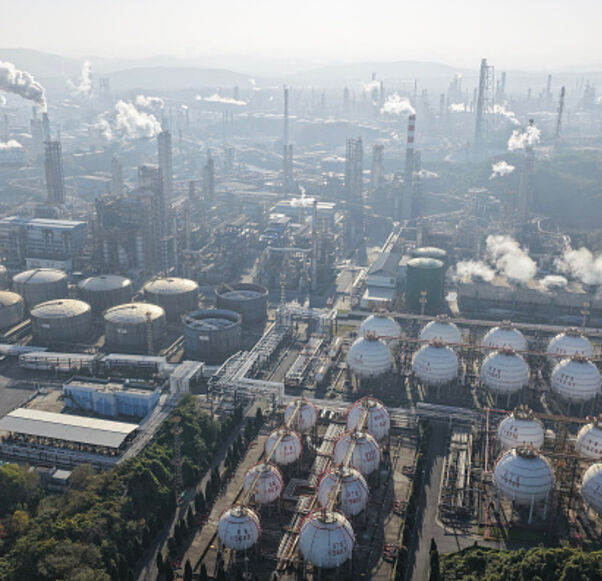 An aerial view shows a petrochemical plant in operation by the Yangtze River in Nanjing, in eastern China's Jiangsu province November 26, 2025. (Photo by CN-STR / AFP via Getty Images) / China OUT