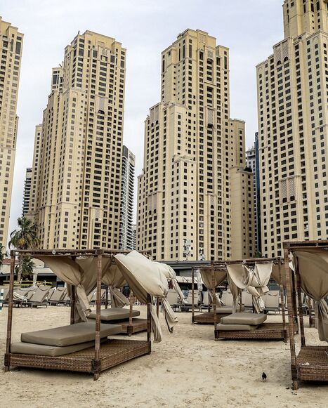 Empty beds along the beach at a high-rise complex in Dubai, March 11, 2026.