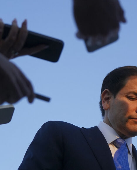 US Secretary of State Marco Rubio speaks to the press as he departs Tel Aviv for Qatar following an official visit, at Ben Gurion International Airport, near Lod, Israel, September 16, 2025. Israel heavily bombarded Gaza City on September 16 2025, witnesses told AFP, after US Secretary of State Marco Rubio backed Israeli Prime Minister Benjamin Netanyahu's new offensive there and its stated goal of eradicating Hamas. (Photo by NATHAN HOWARD / POOL / AFP) (Photo by NATHAN HOWARD/POOL/AFP via Getty Images)