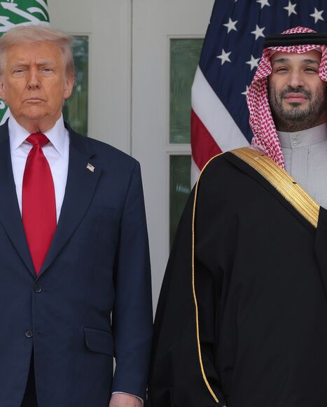 US President Donald Trump (L) and Crown Prince and Prime Minister Mohammed bin Salman of Saudi Arabia pause for photographs along the West Wing Colonnade at the White House on Nov. 18, 2025, in Washington.