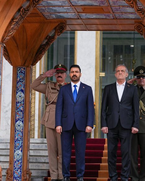 Iraqi Prime Minister Ali al-Zaidi is welcomed to the Saadabad Palace in Tehran by Iranian President Masoud Pezeshkian, July 23, 2026.
