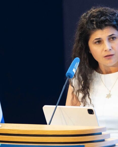 Sharren Haskel speaks at an event marking 60 years of diplomatic ties between Germany and Israel hosted by the Konrad Adenauer Foundation in Berlin, Oct. 16, 2025.