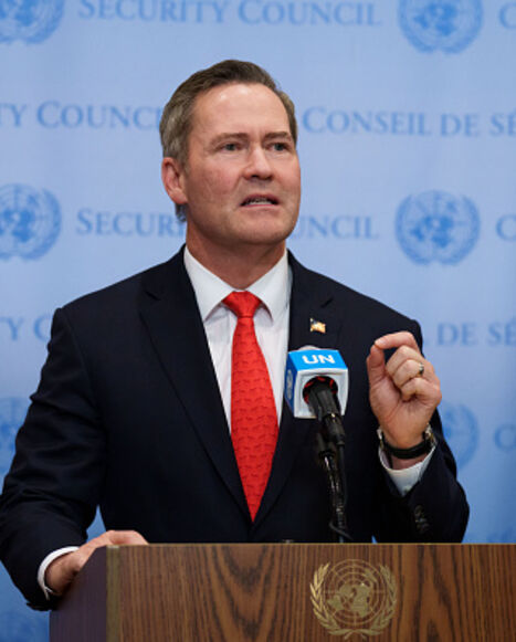 NEW YORK, NEW YORK - NOVEMBER 17: U.S. Ambassador to the United Nations Mike Waltz speaks to the media on November 17, 2025 in New York City. The United Nations Security Council is expected to vote on a draft resolution authored by the US that welcomes the establishment of a Board of Peace (BoP) as a "transitional governance administration" in Gaza and authorizes the BoP to establish a temporary International Stabilization Force (ISF) in the region. (Photo by Adam Gray/Getty Images)