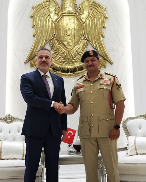 Turkish Foreign Minister Hakan Fidan meets with Saddam Haftar, Deputy Commander of the Libyan National Army, in Benghazi, Aug. 12, 2026.
