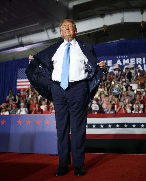 GRAND ISLAND, NEBRASKA - OCTOBER 05: U.S. President Donald Trump wraps up an appearance at a campaign rally at Pinnacle Bank Expo Center on the Nebraska State Fairgrounds on October 05, 2026 in Grand Island, Nebraska. Trump is campaigning for incumbent U.S. Sen. Pete Ricketts (R-NE) and Gov. Jim Pillen ahead of the November midterm elections. (Photo by Win McNamee/Getty Images)