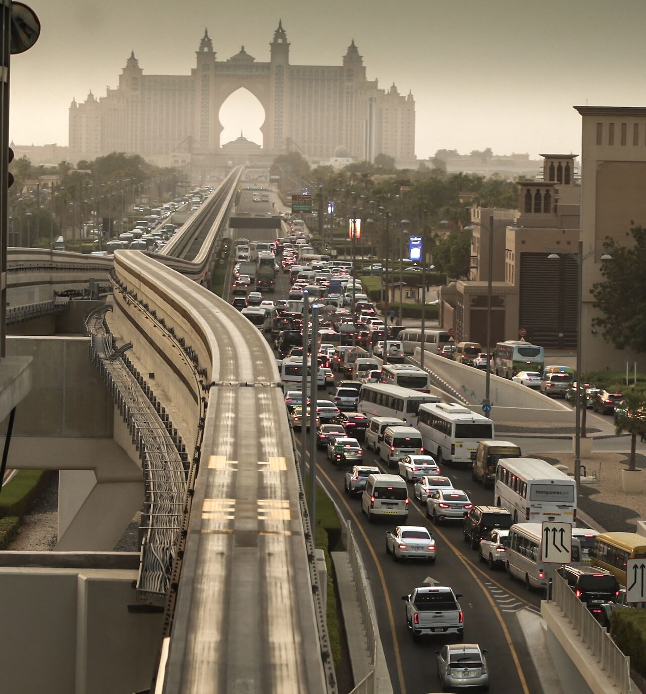 A picture taken from a station of Dubai's Palm Monorail shows traffic on a road in Palm Jumeirah on Aug. 28, 2025. 