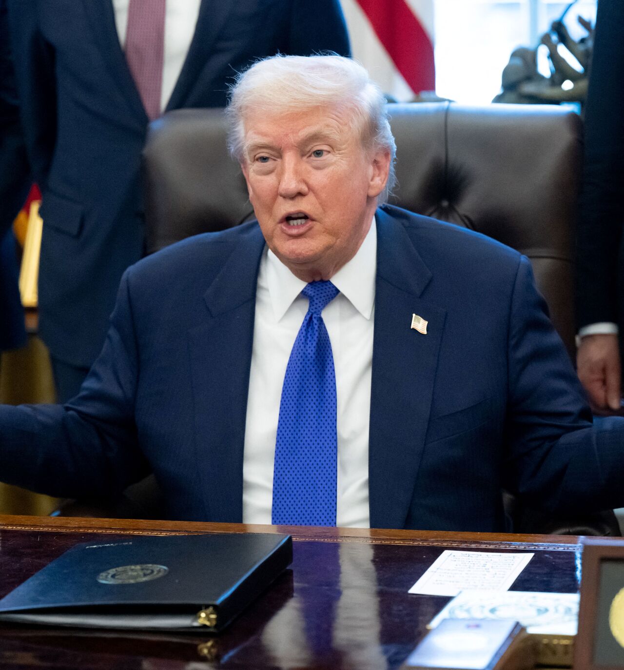 US President Donald Trump speaks to the press about a critical minerals stockpile with $12 billion in initial funding, as Washington seeks to lower reliance on China for rare earths and other resources, in the Oval Office of the White House in Washington, DC, on Feb. 2, 2026.