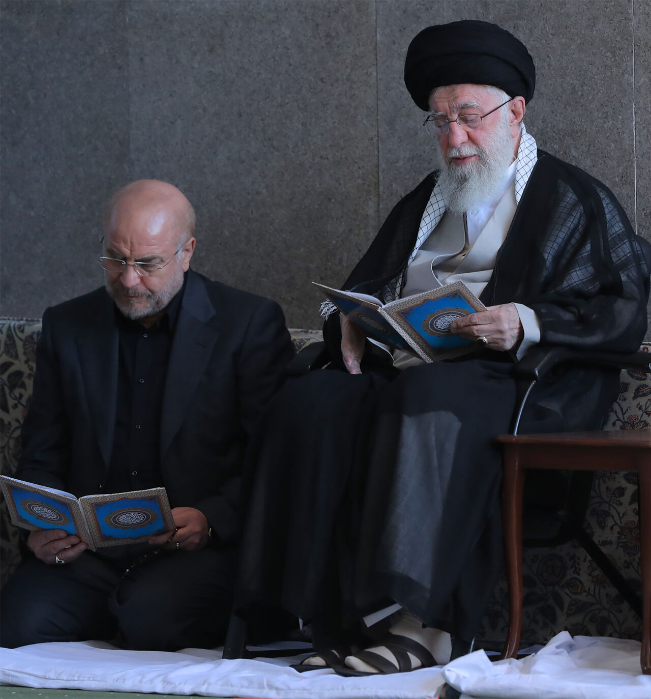 TEHRAN, IRAN - OCTOBER 4: (EDITOR’S NOTE: This Handout image/clip was provided by a third-party organization and may not adhere to Getty Images’ editorial policy.) In this handout image provided by the Iranian Leader's Press Office, Iranian Supreme leader Ali Khamenei (C) with Parliament Speaker Mohammad Bagher Ghalibaf (L) and Judiciary Chief Mohsen Ejeie (R), reading the Koran during the Friday prayer ceremony on October 04, 2024 in Tehran, Iran. Protesters supporting Iran's military position against Isra