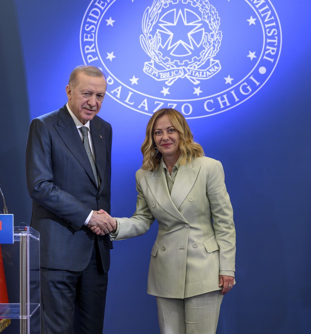Turkish President Recep Tayyip Erdogan and Italian Prime Minister Giorgia Meloni shake hands during the press conference following their meeting at Villa Doria Pamphilj, on April 29, 2025, in Rome, Italy.