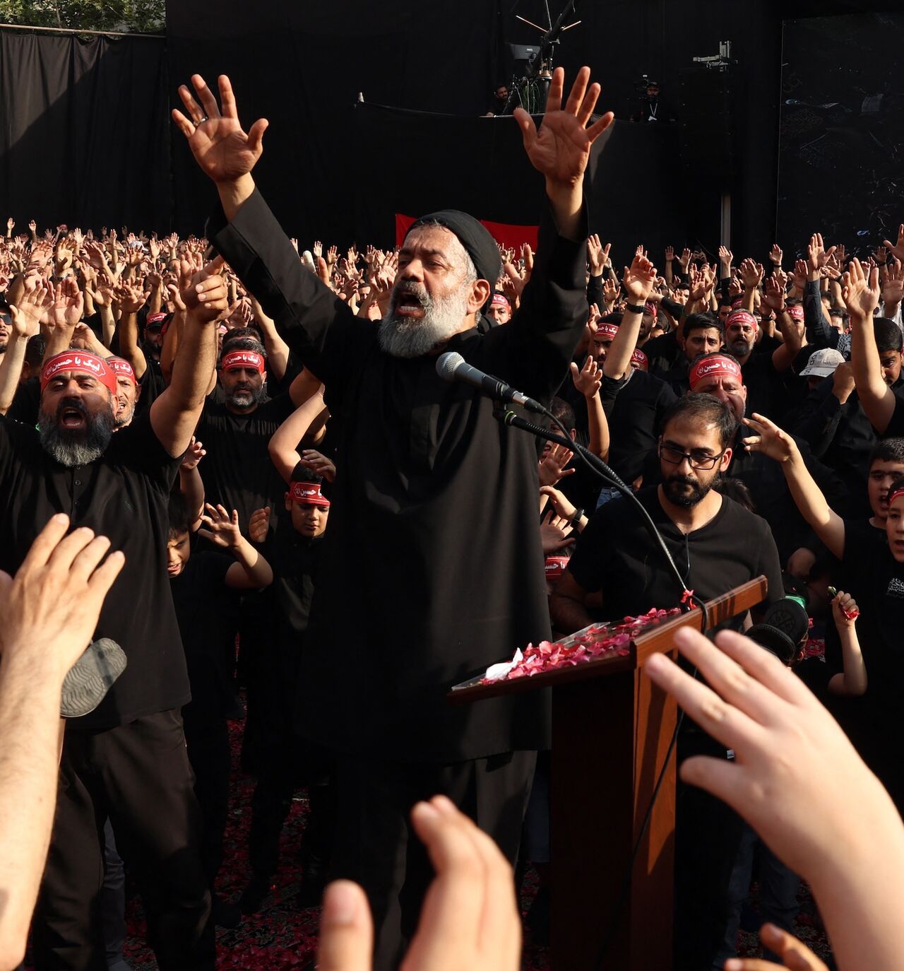 Mahmoud Karimi, a maddah, leads a mourning ritual during the Muslim month of Muharram in the lead-up to Ashura, a 10-day period commemorating the seventh century killing of Prophet Mohammed's grandson Imam Hussein in Tehran on July 3, 2025.