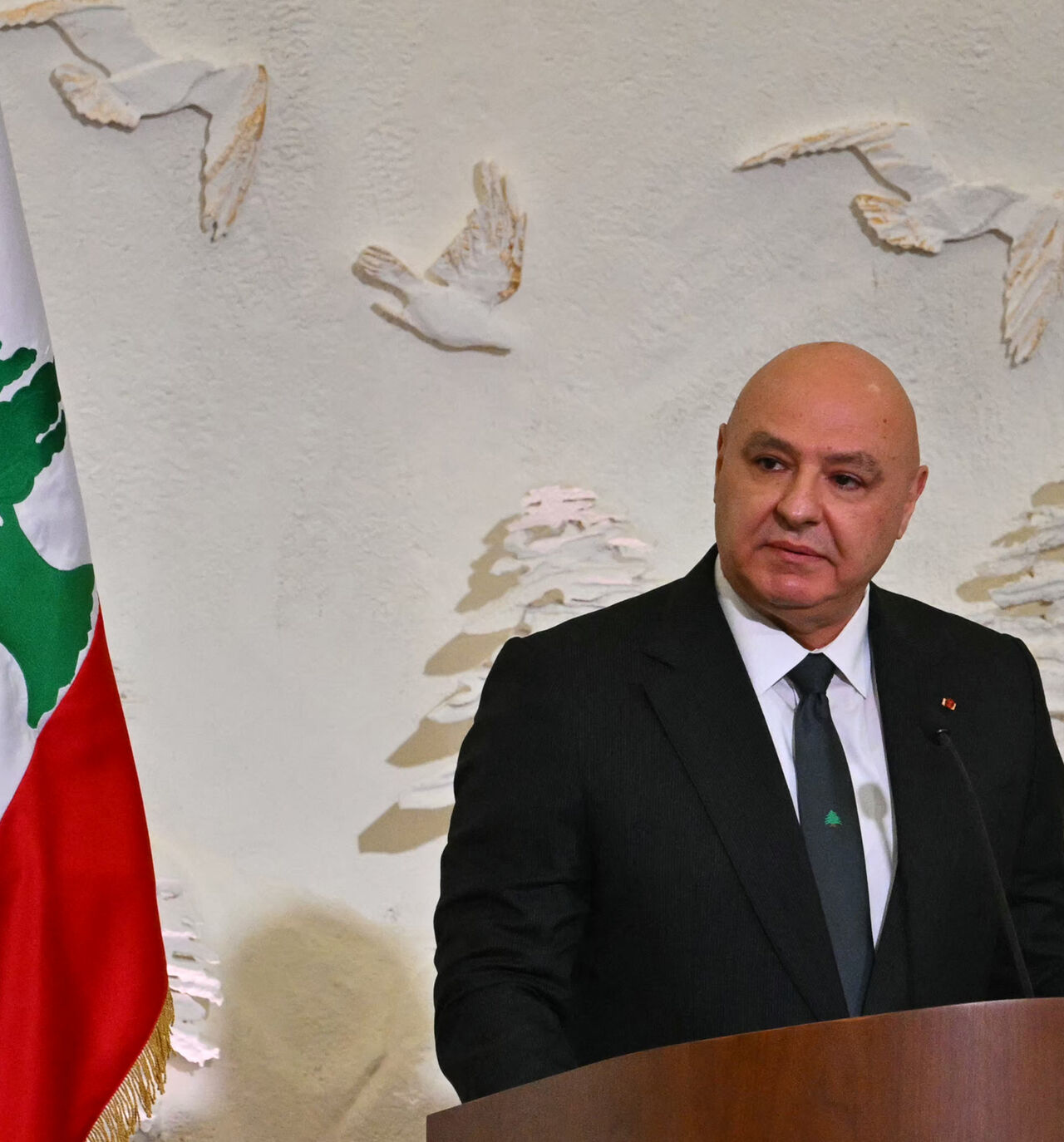 Lebanon's President Joseph Aoun delivers a speech during a meeting of Pope Leo XIV with authorities, civil society and diplomatic corps at the presidential palace in Baabda, east of the capital Beirut, on November 30, 2025. (Photo by Andreas SOLARO / AFP via Getty Images)