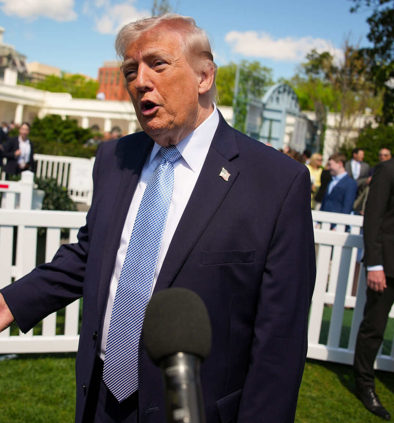 WASHINGTON, DC - APRIL 06: U.S. President Donald Trump speaks to the media as he attends the White House Easter Egg Roll on the South Lawn of the White House on April 06, 2026 in Washington, DC. The Easter Egg Roll is a White House tradition dating back to 1878. The Trumps also honored the 250th anniversary of the United States during the event. (Photo by Andrew Harnik/Getty Images)