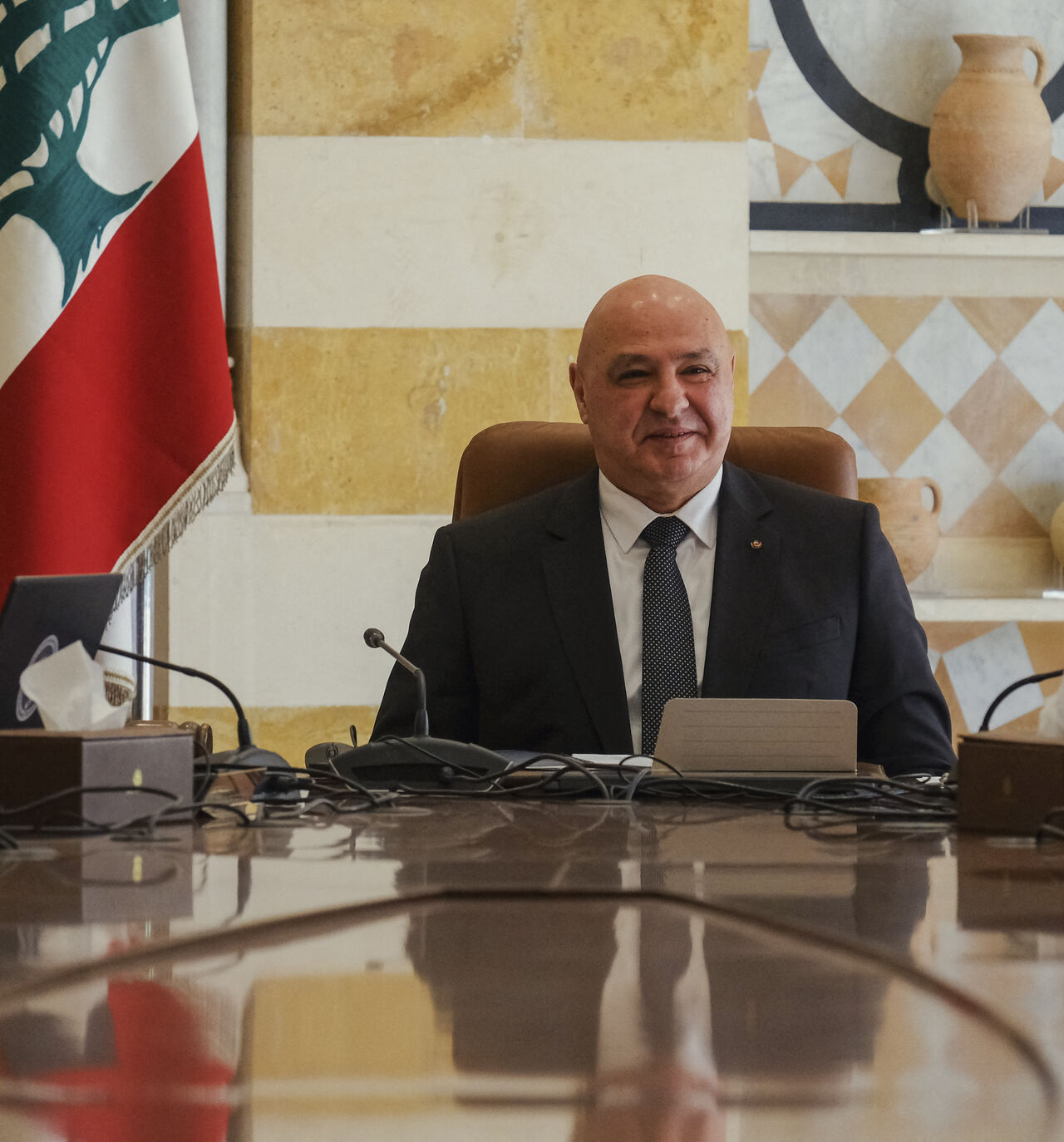 Lebanese President Joseph Aoun speaks during a government meeting at the Presidential Palace in Beirut, Lebanon, on September 5, 2025.