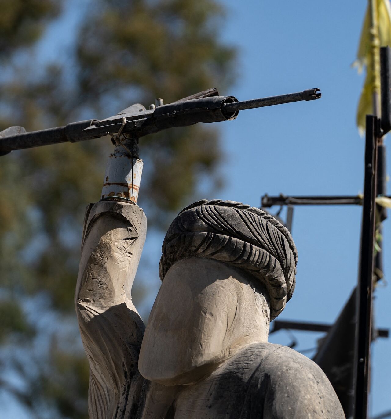 A monument depicting former Hezbollah Secretary-General Hassan Nasrallah stands in the town of Harouf, in the Nabatieh district of southern Lebanon, on May 14, 2026.