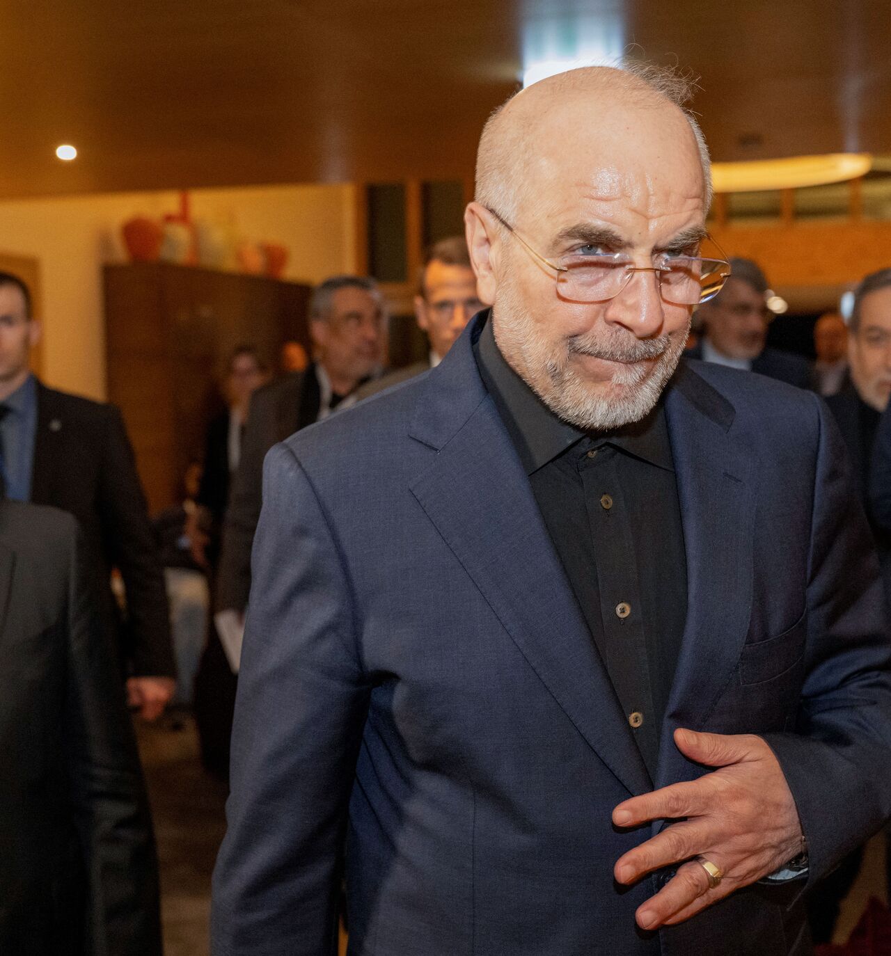 Speaker of the Parliament of Iran, Mohammad Bagher Ghalibaf (R) arrives at the Burgenstock resort in Obbuergen, near Lucerne on June 21, 2026. 