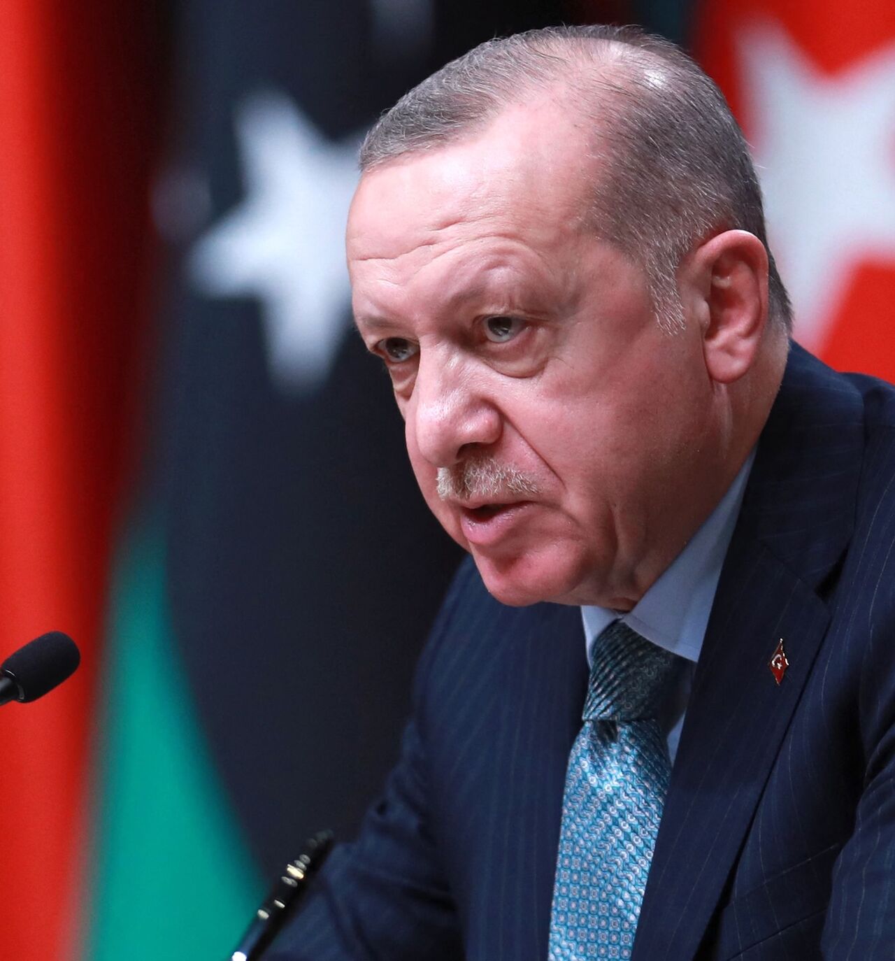 Turkish President Recep Tayyip Erdogan delivers a speech after a signing ceremony with Libyan Government of National Unity prime minister at the Presidential Complex in Ankara, on April 12, 2021. 