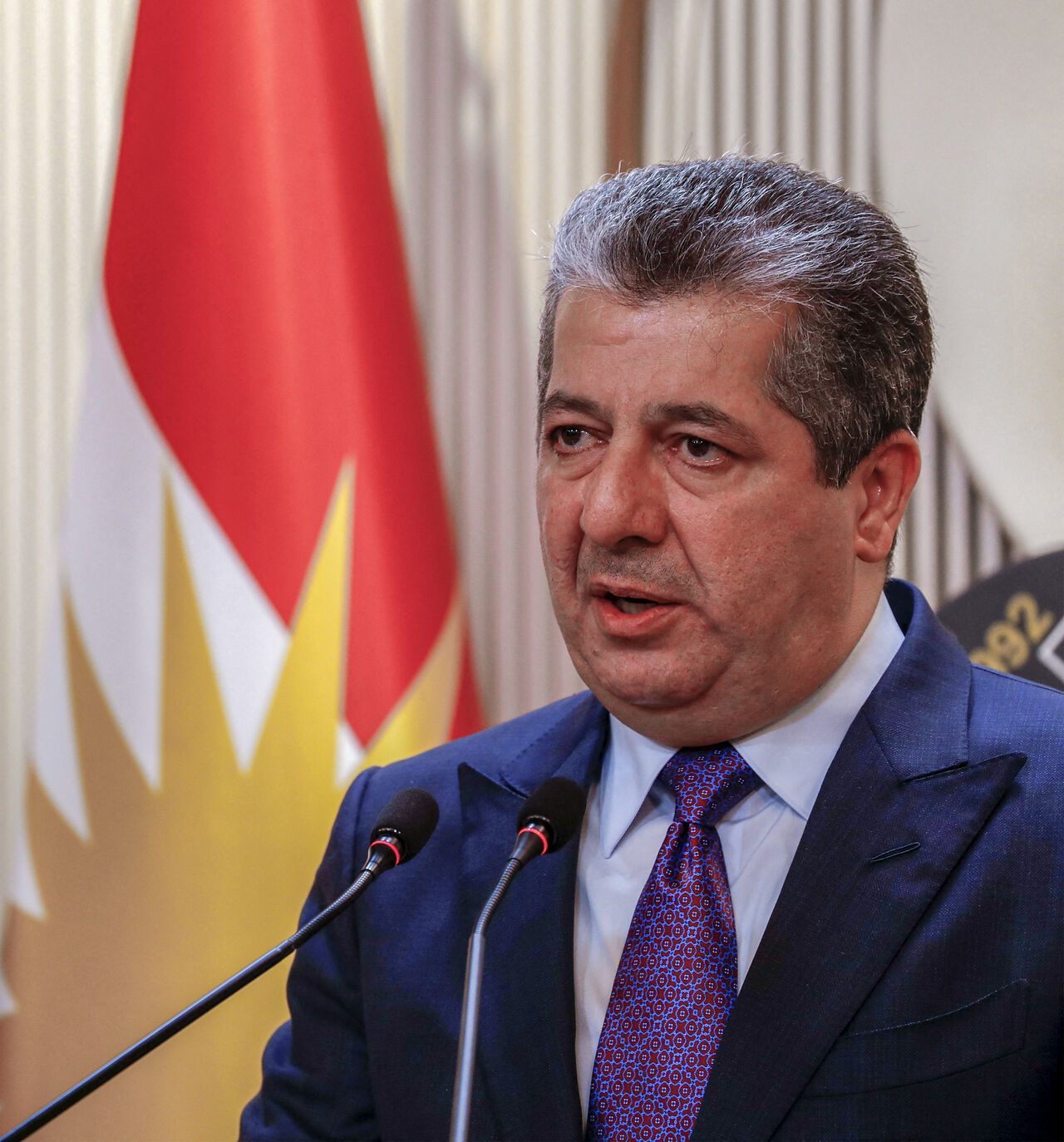 Masrour Barzani, Prime Minister of the Iraqi Kurdistan Regional Government, gives a press conference in the autonomous region's capital Arbil on June 25, 2025. 