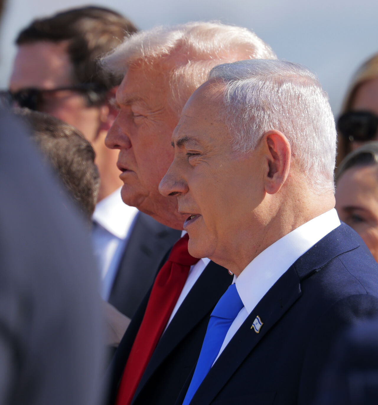 US President Donald Trump (C) is welcomed by Israeli Prime Minister Benjamin Netanyahu at Ben Gurion International Airport on Oct. 13, 2025 in Tel Aviv, Israel. 