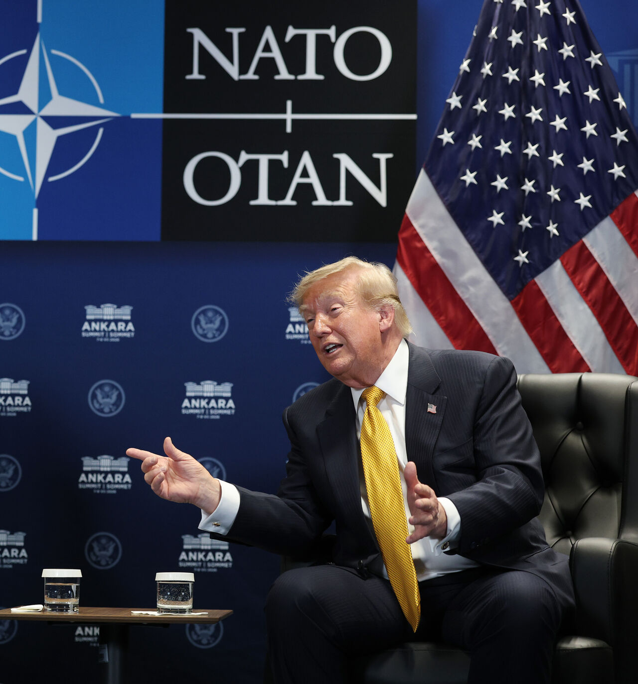 ANKARA, TURKEY - JULY 08: U.S. President Donald Trump (R) meets with Ahmed al-Sharaa, President of Syria (L) for bilateral talks at Beştepe Presidential Compound during the NATO Summit on July 08, 2026 in Ankara, Turkey. Leaders from NATO's 32 countries, plus NATO allies like Ukraine, gathered in the Turkish capital to discuss a range of issues involving spending targets, defense industrial production, and support for Ukraine, among other topics. (Photo by Win McNamee/Getty Images)