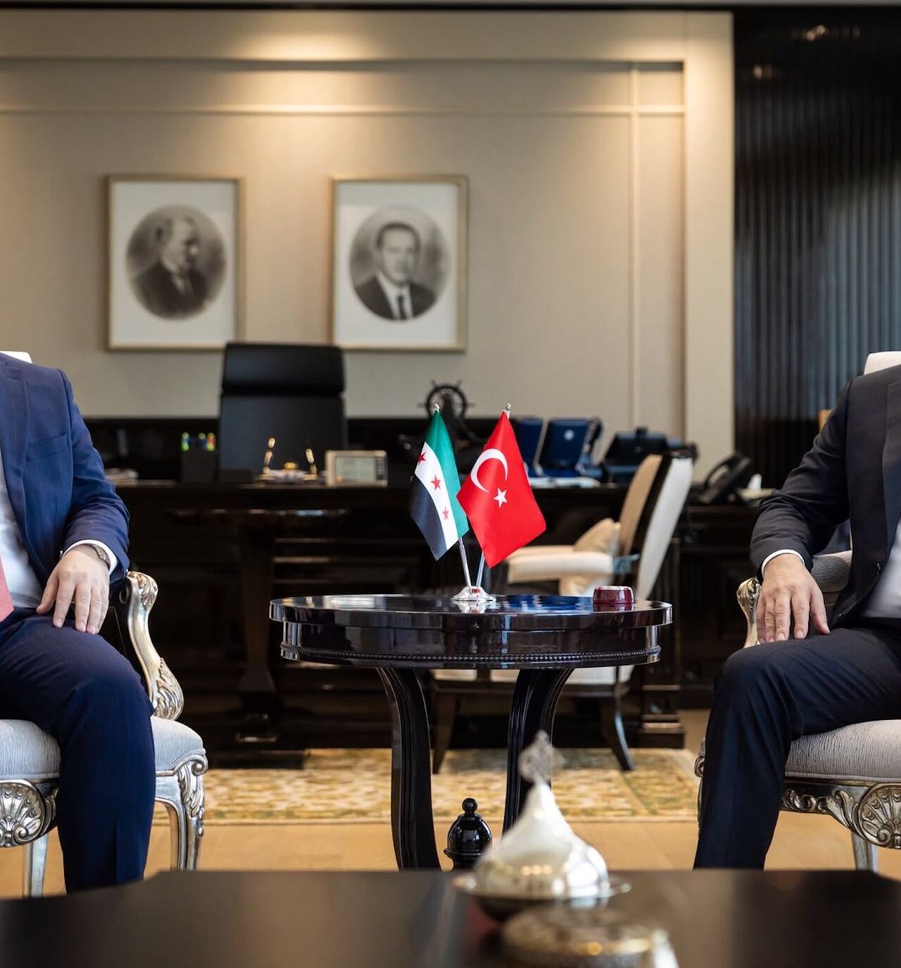 Syrian Foreign Minister Asaad al-Shibani meets with his Turkish counterpart, Hakan Fidan, in Ankara, Aug. 6, 2026.