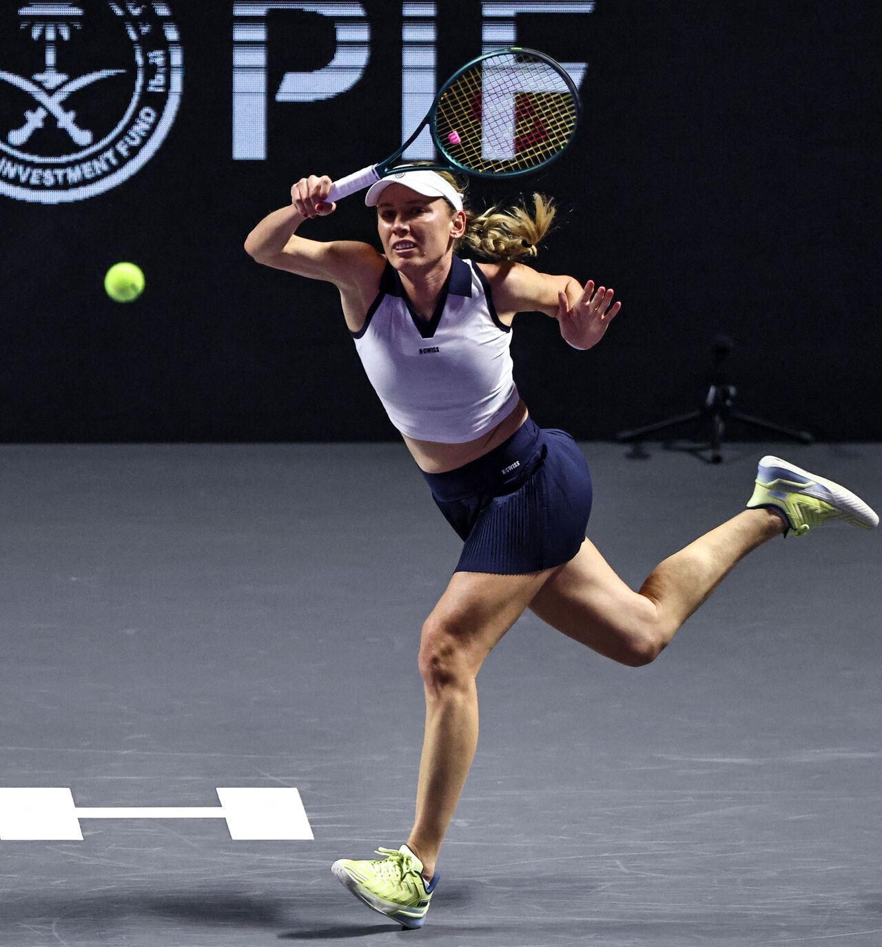 Russia's Ekaterina Alexandrova returns the ball to Kazakhstan's Elena Rybakina during their WTA Finals tennis tournament in Riyadh on November 5, 2025. (Photo by Fayez NURELDINE / AFP via Getty Images) 
