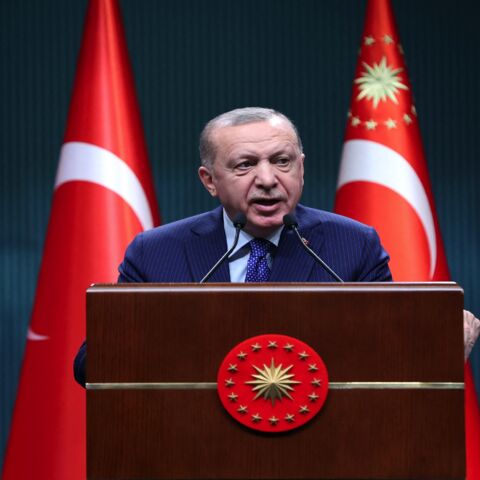 Turkish President Recep Tayyip Erdogan delivers a speech following an evaluation meeting at the Presidential Complex in Ankara on April 5, 2021. Erdogan accused dozens of retired admirals of eyeing a "political coup" by attacking his plans for a canal linking the Black Sea to the Mediterranean. His fury was directed at a letter published by 104 former admirals over the weekend urging him to abide by the terms of the 1936 Montreux Convention. 