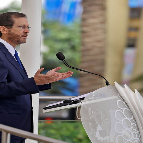 Israel's President Isaac Herzog speaks at al-Wasl Dome at Expo 2020 Dubai during Israel's expo National Day in the gulf emirate, Jan. 31, 2022.