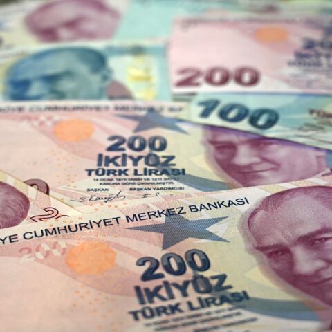 A picture taken on Dec. 7, 2021, in Istanbul shows Turkish liras.