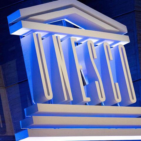 A photo shows the UNESCO logo during a speech by its director-general to announce the United States' request to return to the institution, at the UNESCO headquarters in Paris, on June 12, 2023.  