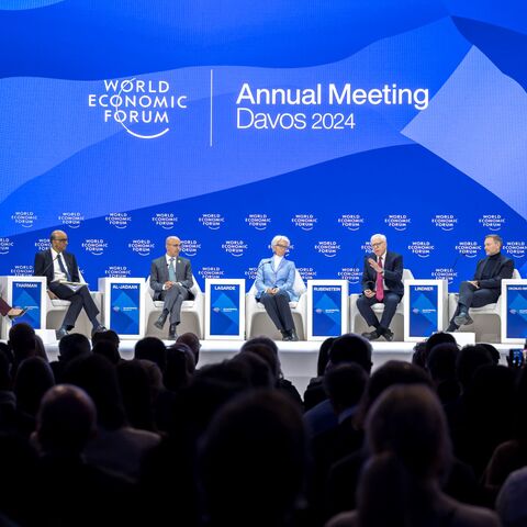 (L-R) Bloomberg Television's journalist Francine Lacqua, Singapore's President Tharman Shanmugaratnam, Saudi Finance Minister Mohammed al-Jadaan, President of the European Central Bank (ECB) Christine Lagarde, Co-chairman of the private equity firm of The Carlyle Group David Rubenstein, German Finance Minister Christian Lindner and World Trade Organization (WTO) Director-General Ngozi Okonjo-Iweala attend a session on the closing day of the World Economic Forum (WEF) annual meeting in Davos, on January 19, 