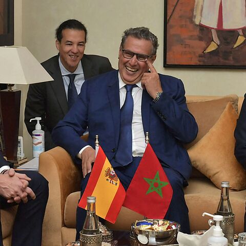 Morocco's Prime Minister Aziz Akhannouch (R) meets with his Spanish counterpart, Pedro Sanchez (L), in Rabat, on Feb. 2, 2023. 