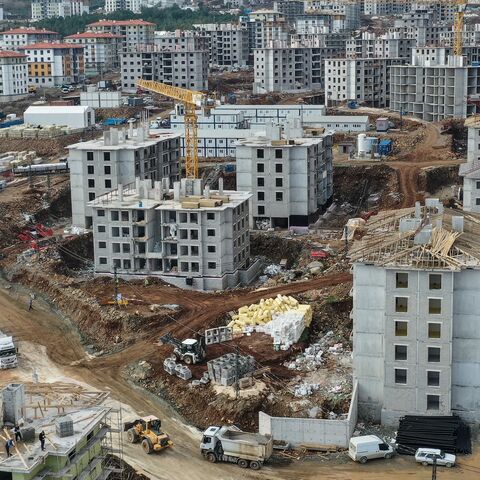 In an aerial view, a new housing project under construction for displaced earthquake survivors is seen in the Gulderen district on Feb. 1, 2024, in Hatay, Turkey. 