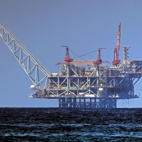 A view of the platform of the Leviathan natural gas field in the Mediterranean Sea is pictured from the Israeli northern coastal beach of Nasholim, on Aug. 29, 2022. 