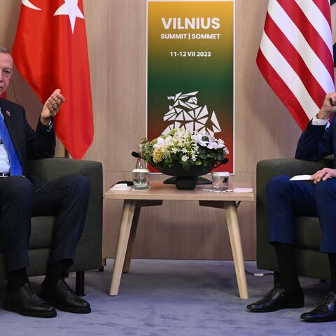 US President Joe Biden (R) and Turkey's President Recep Tayyip Erdogan hold bilateral talks the NATO Summit in Vilnius on July 11, 2023. (Photo by ANDREW CABALLERO-REYNOLDS / AFP) (Photo by ANDREW CABALLERO-REYNOLDS/AFP via Getty Images)