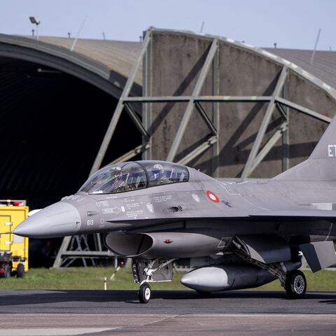 Argentina's Minister of Defence Luis Petri (R) arrives in a Danish F-16 aircraft at Skrydstrup Airport, Denmark, prior his meeting with Denmark's Minister of Defence on April 16, 2024. 