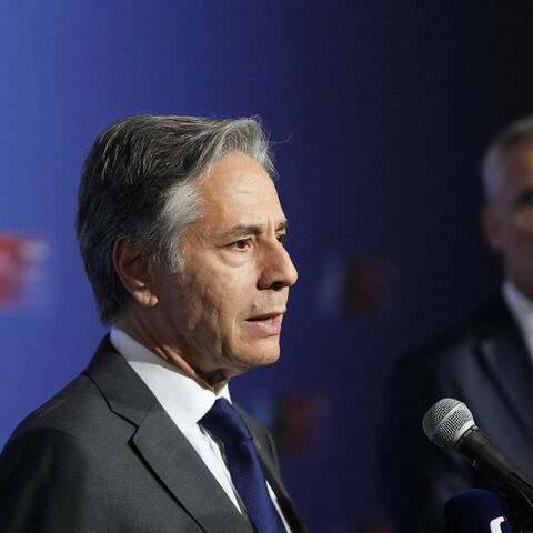 US Secretary of State Antony Blinken (L) addresses the media prior to a meeting of NATO foreign ministers at the Czernin Palace, in Prague, Czech Republic, on May 31, 2024. 