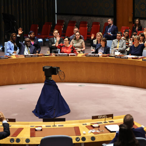 Members of the United Nations Security Council vote on a resolution during a meeting on the situation in the Middle East, including the Palestinian question at the United Nations headquarters on June 10, 2024 in New York City. The UN Security Council held a vote on a resolution drafted by the U.S. backing a proposal outlined by U.S. President Joe Biden calling for a ceasefire between Israel and Hamas in the Gaza Strip. The first phase of the resolution consists of an "immediate, full and complete ceasefire"